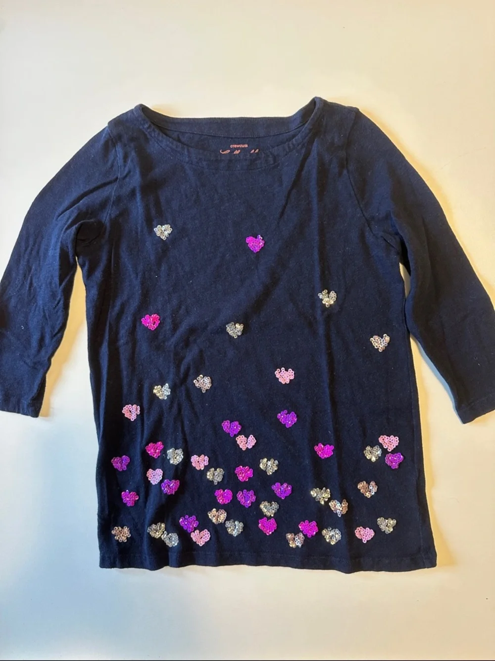 Crewcuts Navy 3/4 Sleeve Tee with Pink & Silver Sequin Hearts